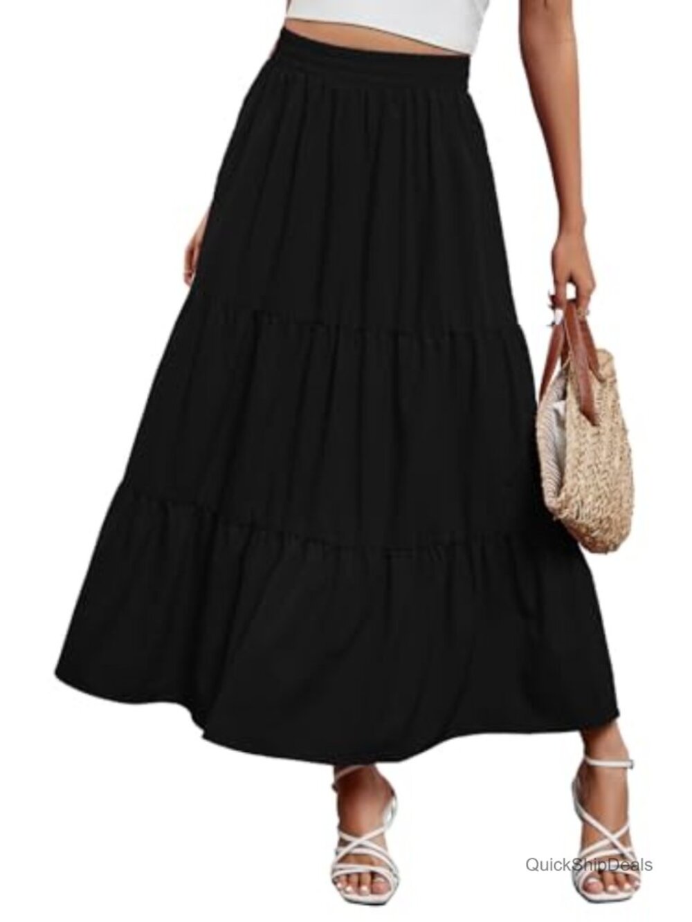 Women's Boho Tiered Maxi Skirt Flowy A-Line High Waist Elastic Summer Beach